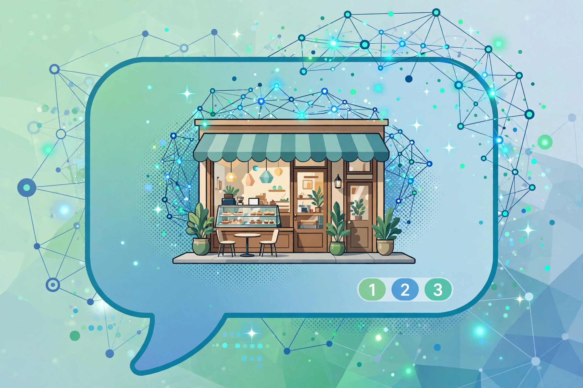 Illustration of a small café being recommended inside an AI chatbot answer with citations