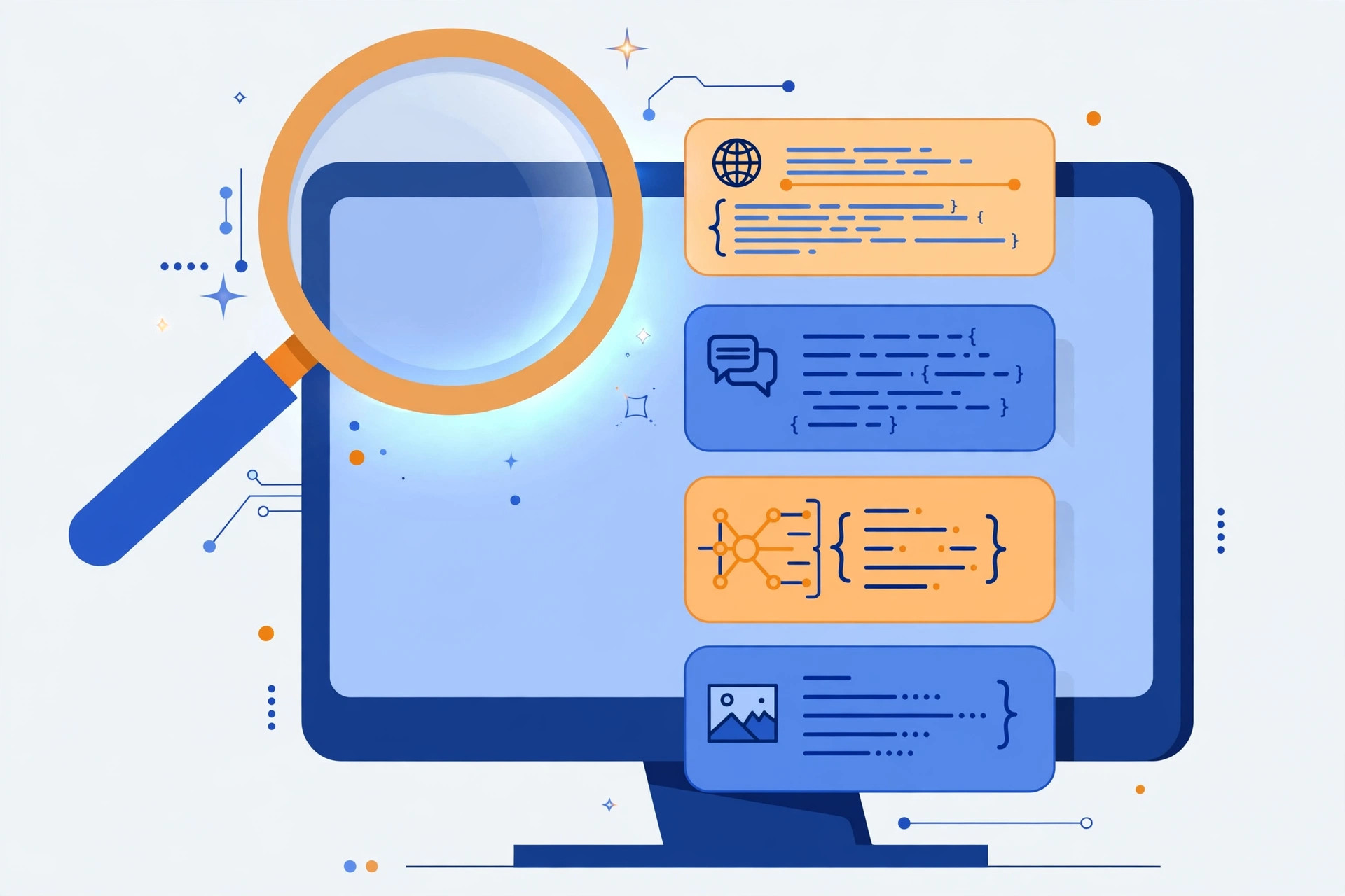 Illustration of a magnifying glass reviewing website metadata tags for Google's October 2026 AI content guidance update