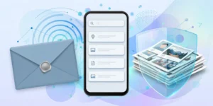 Smartphone with a search screen beside a sealed envelope and a stack of photos behind a translucent privacy shield