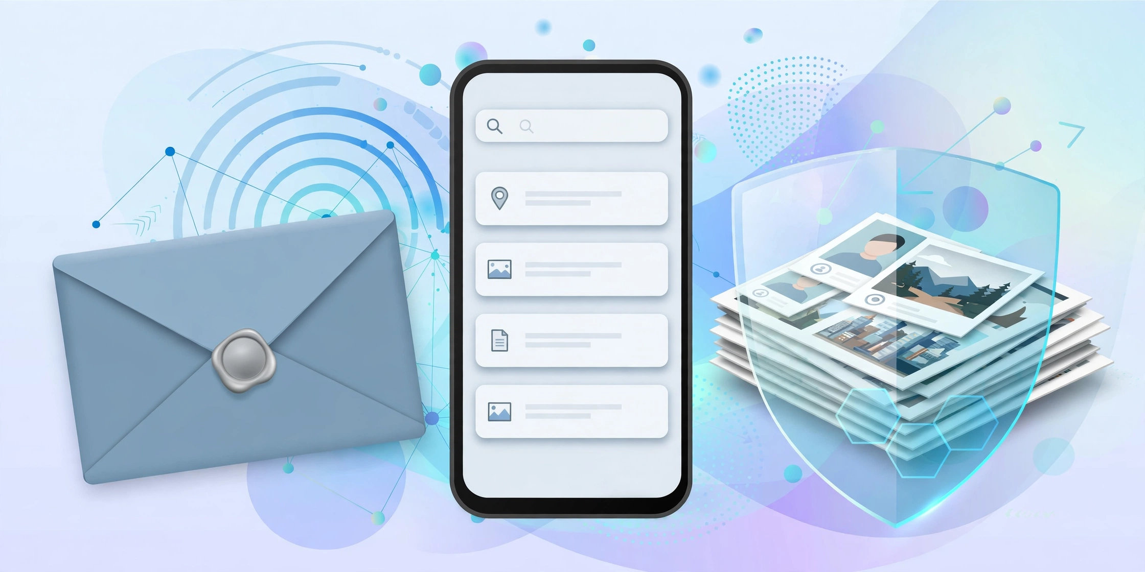 Smartphone with a search screen beside a sealed envelope and a stack of photos behind a translucent privacy shield