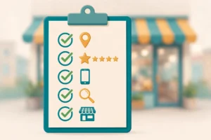 Illustration of a local SEO checklist with map pin, review stars and smartphone icons