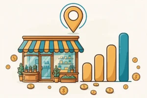 Illustration of a small business storefront with a map pin, dollar signs and a rising growth chart